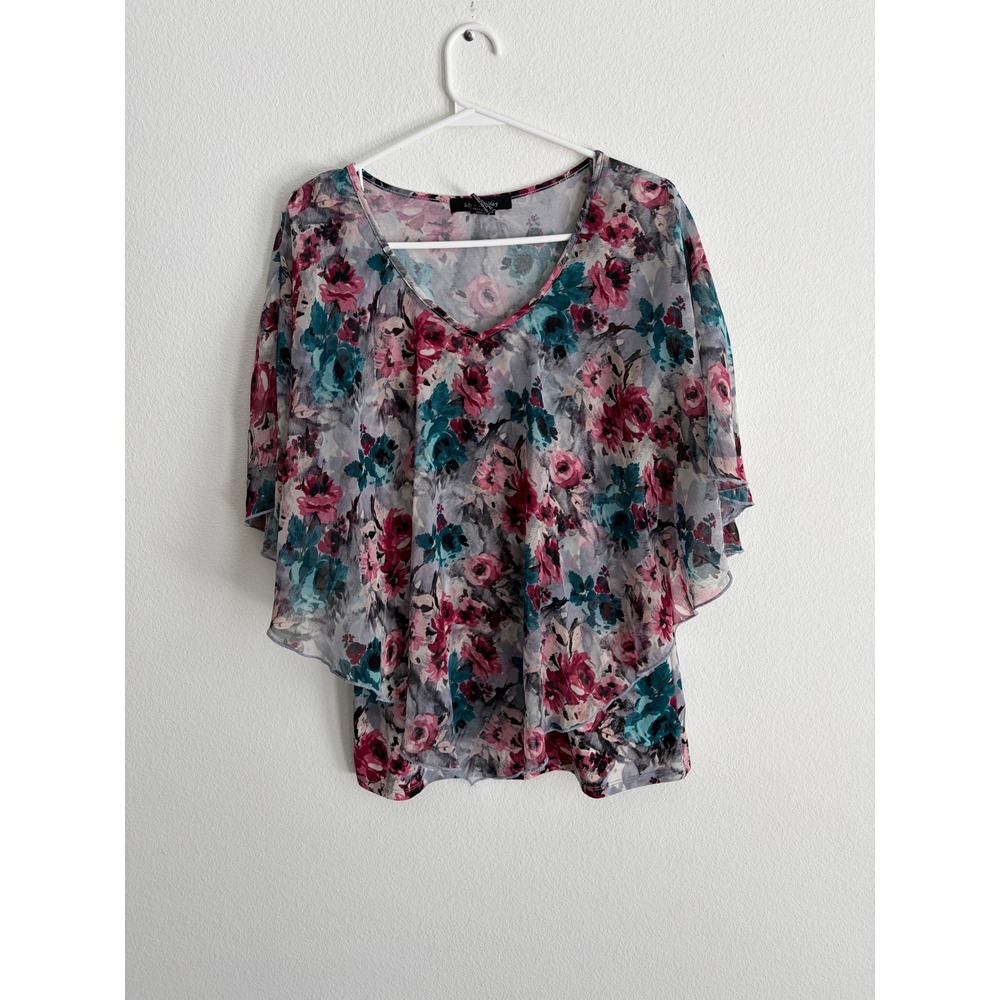 Adele & May Floral Mesh V-Neck Flutter Sleeve Layered Blouse Pink Teal Small